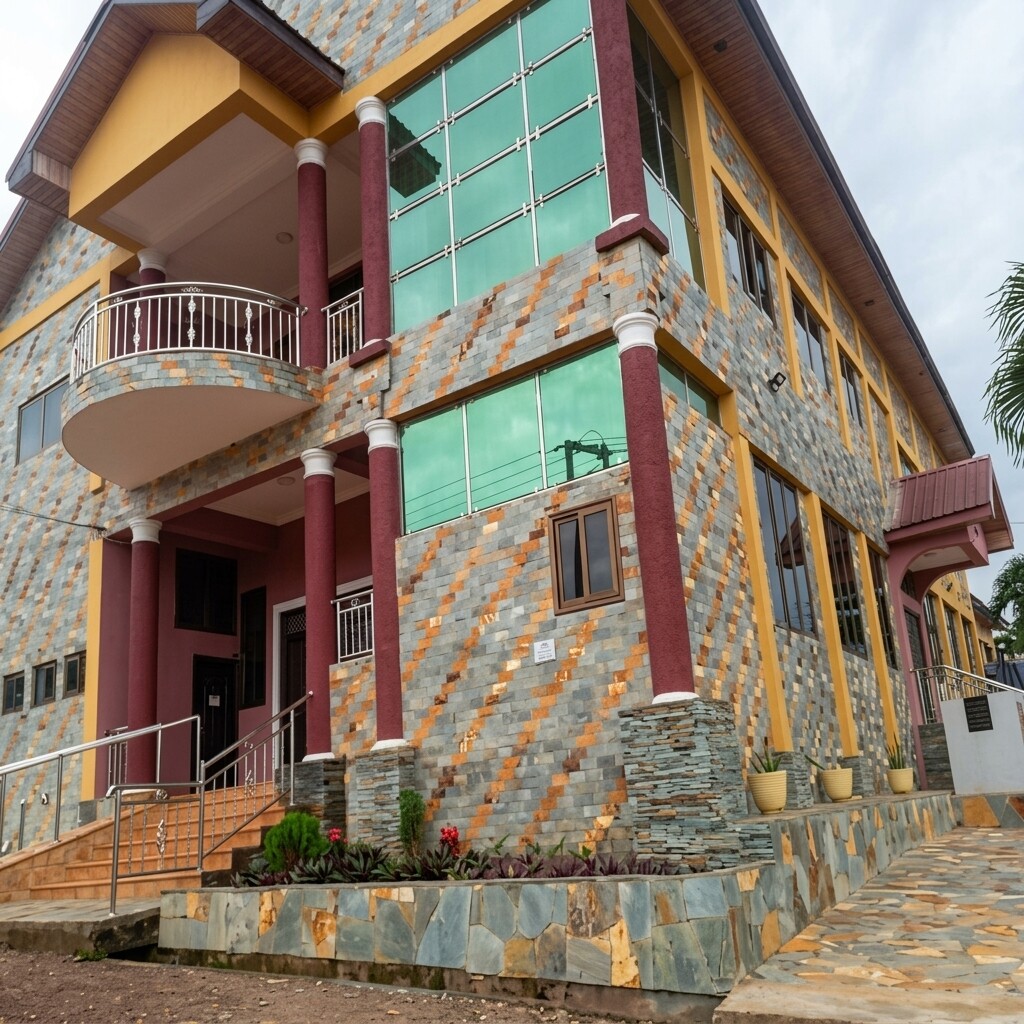 Full stone exterior cladding on Ghanaian house
