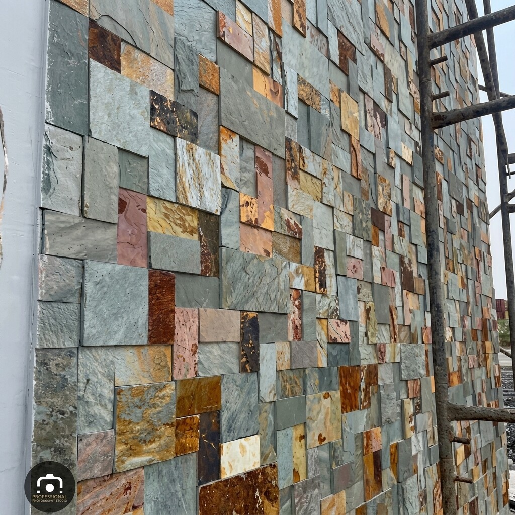 High-wall slate cladding installation in Accra