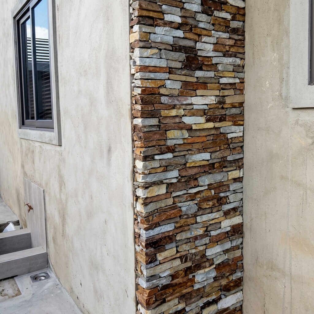 Multi-colour stone pillar cladding detail, Accra