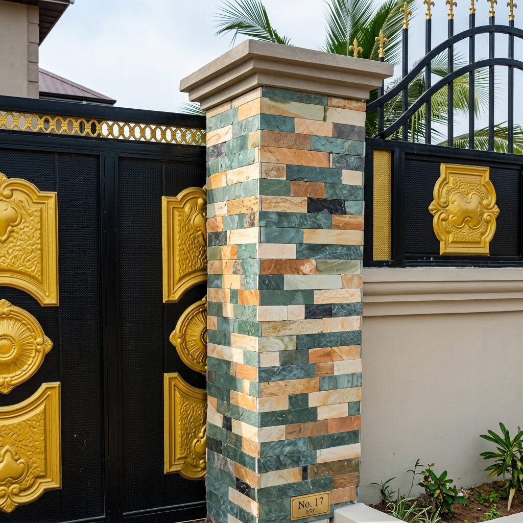 Gate pillar natural split stone installation, Accra