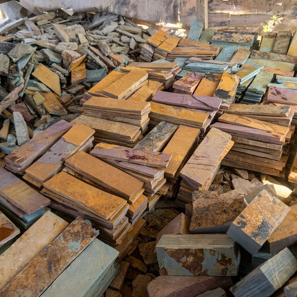 Raw natural stone slabs at Tim's Natural Marble Stones workshop, Accra